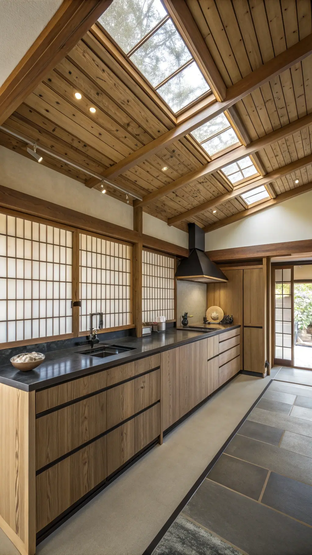 Zen-inspired Japanese kitchen featuring black stained oak cabinets, soapstone counters, ceramic tile backsplash in natural clay tones, and wooden rafters with diffused midday light through rice paper screens creating a meditative calm mood.