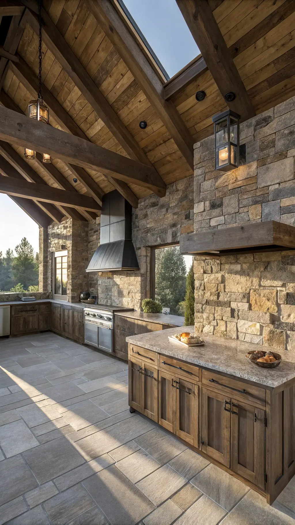 Rustic modern kitchen with high vaulted ceiling, rough-hewn beams, stacked stone backsplash in mixed grays and tans, weathered wood cabinets, and leathered granite counters in moody dawn light
