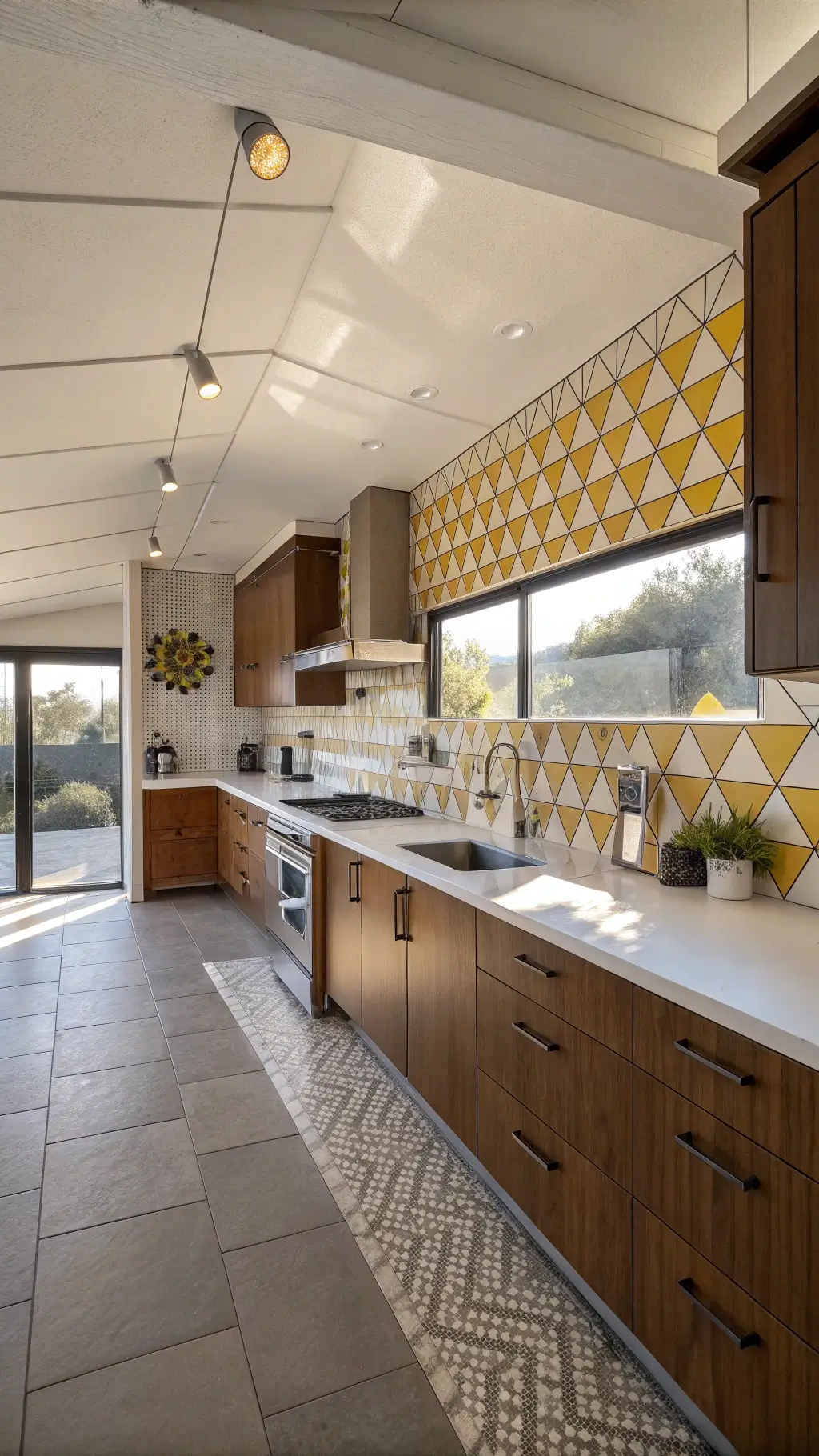 Mid-century modern kitchen with exposed ducts, mustard yellow and gray geometric tile backsplash, walnut cabinets, white quartz counters, period fixtures, and afternoon sunlight casting shadows