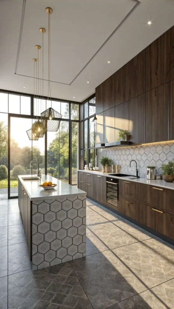 "Modern kitchen with hexagonal backsplash, quartz island, walnut cabinets, copper cookware, and golden hour lighting highlighting textures and shadows."