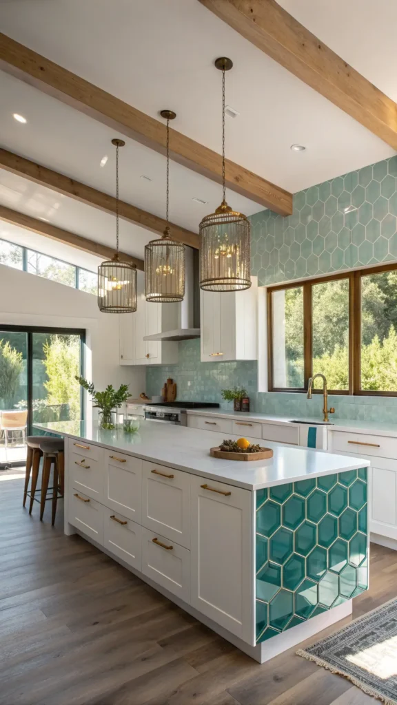 "Sunlit modern kitchen with hexagonal glass backsplash, white quartz island, minimalist white cabinets, floor-to-ceiling windows, and gold accents."