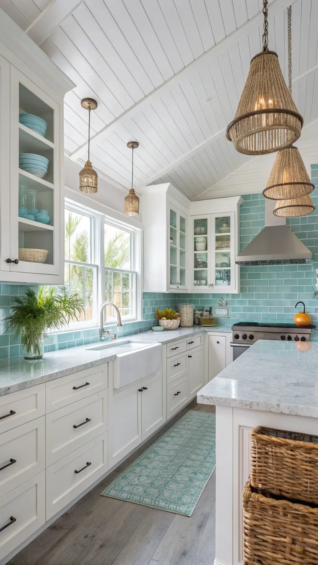 Bright, beach-themed 11x13ft kitchen with white shaker cabinets, marble counters, aqua tile backsplash, rattan pendant lights, and weathered oak open shelves displaying shells and coral.