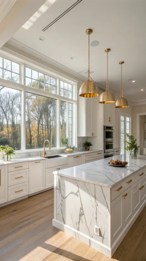 "Modern white kitchen with brass accents, marble-inspired backsplash, quartzite topped island, under-cabinet lights, and floor-to-ceiling windows creating a bright, luxurious atmosphere in the late afternoon."