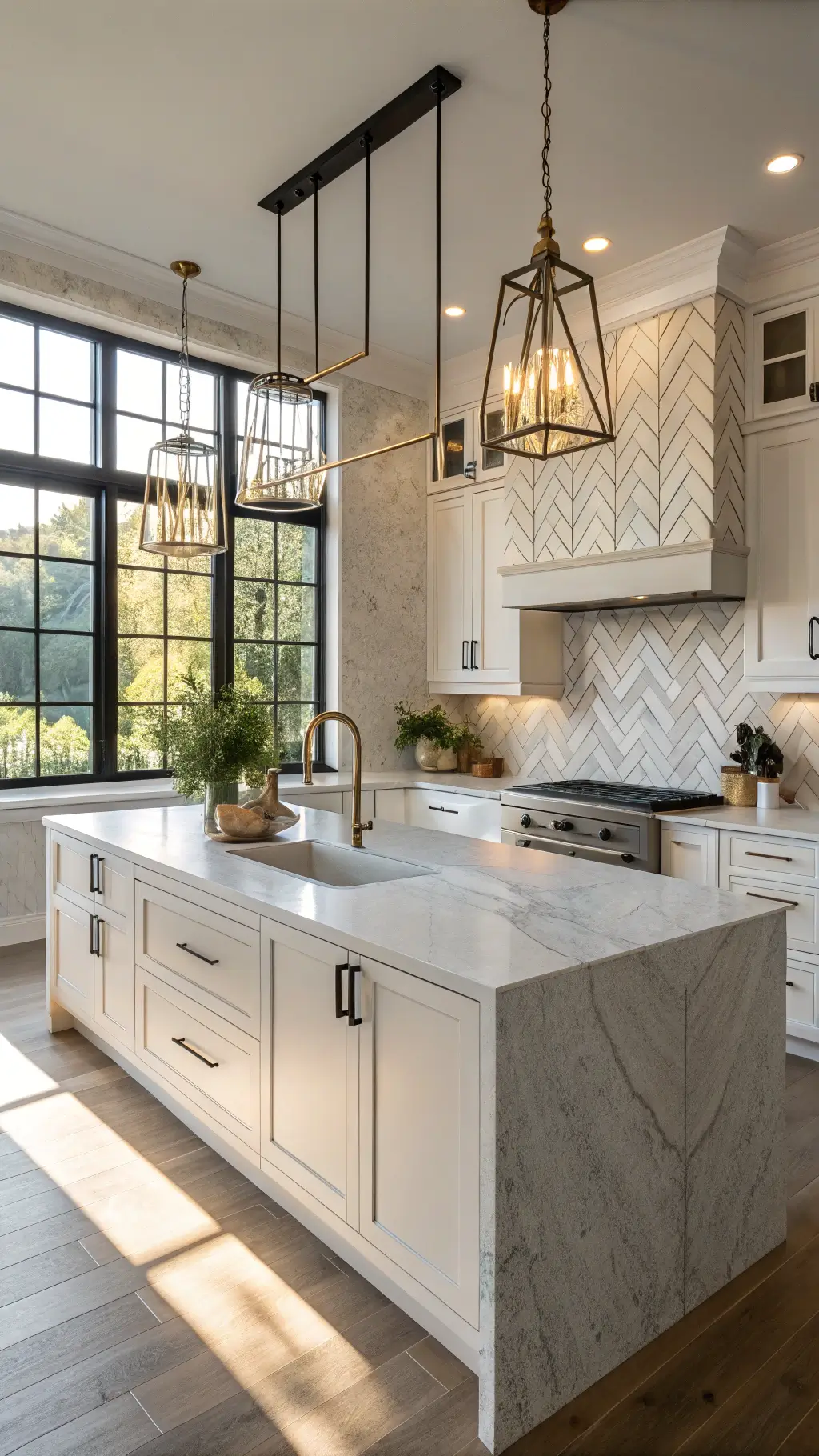 Modern kitchen with herringbone marble backsplash, white shaker cabinets, matte black hardware, quartz countertop island, brass pendant lights, artisanal ceramics, and fresh herbs in concrete planters, illuminated by late afternoon sunlight and artificial light.