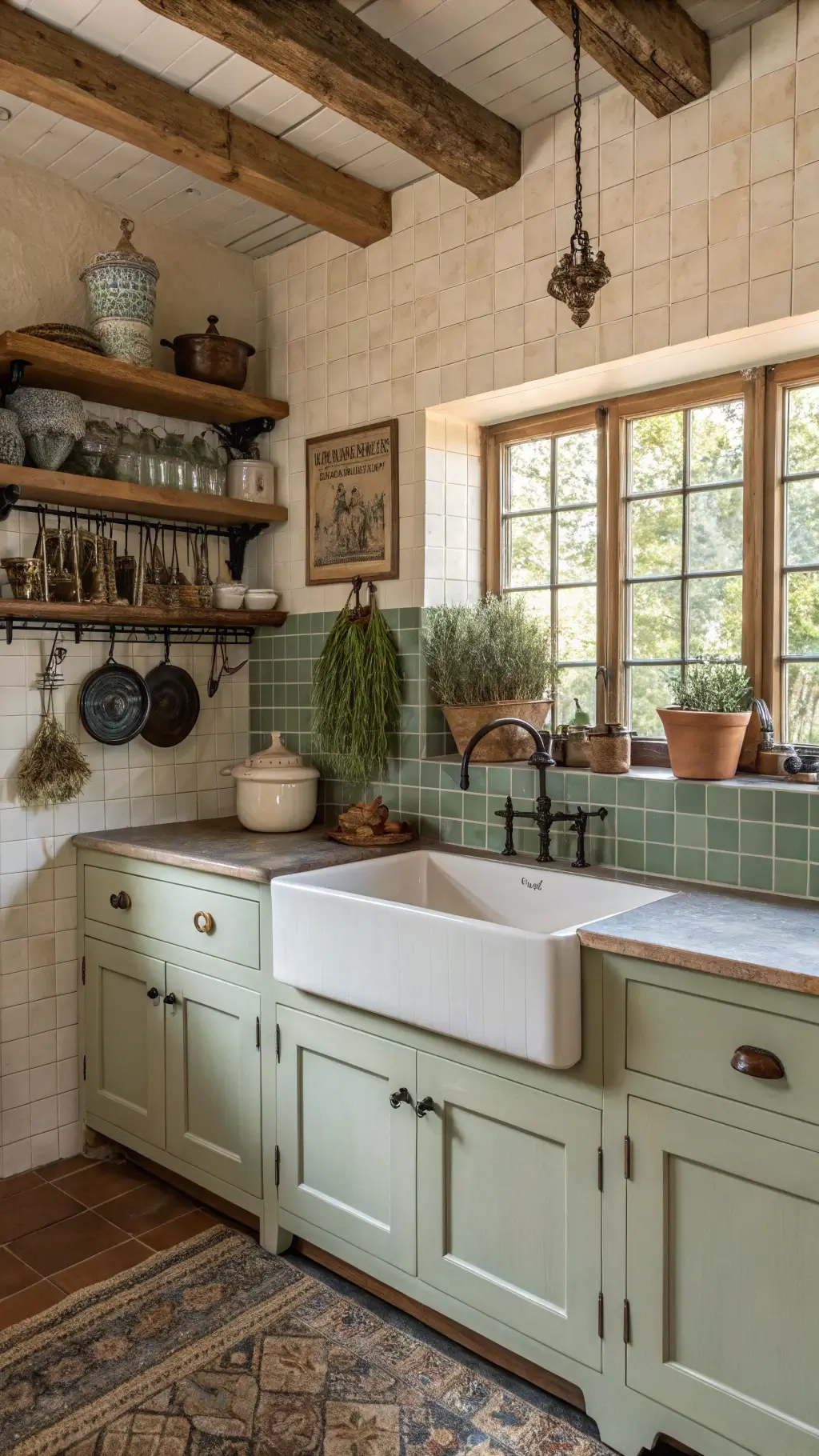 Vintage-inspired farmhouse kitchen with sage green ceramic tile backsplash, cream cabinets, butcher block counters, antique brass fixtures and open shelving displaying ironstone collection under a high-beamed ceiling with hanging dried herbs.