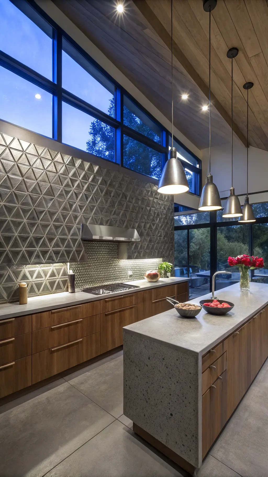 Contemporary kitchen with warm walnut cabinets, concrete countertops and metallic gray mosaic backsplash, illuminated by industrial pendant lights under twilight blue hour casting, and decorated with sleek cookware and orchids.