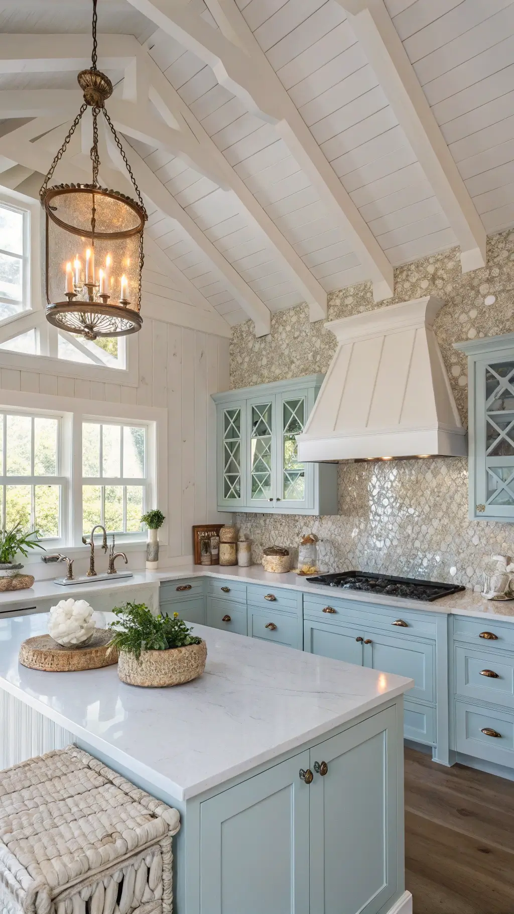 Coastal kitchen with mother-of-pearl backsplash, whitewashed cathedral ceiling, light blue cabinets and white quartz counters; Styled with rattan light fixtures, beach glass collection and driftwood accents in soft morning light