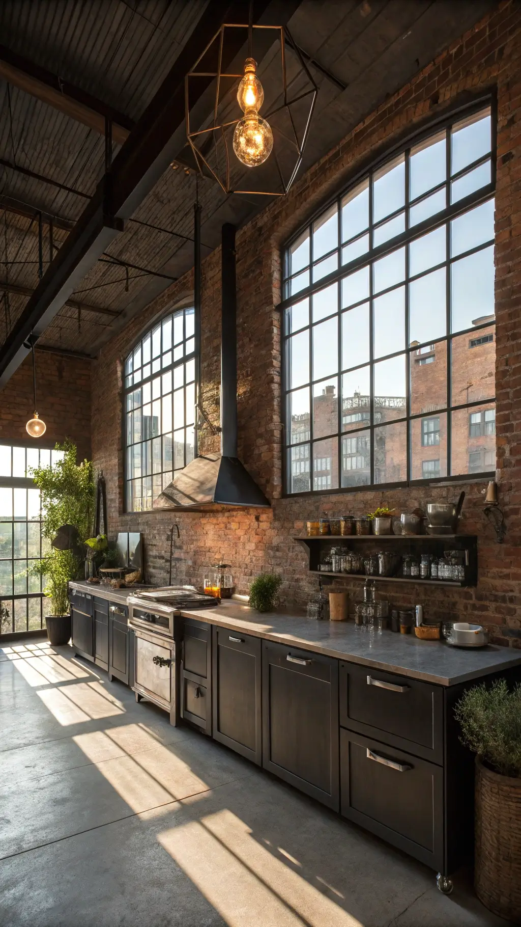 High-ceilinged industrial loft kitchen with reclaimed brick backsplash, black steel cabinets, zinc countertops, vintage signage, and Edison bulb chandelier, bathed in golden hour light streaming through factory windows, viewed from mezzanine level.