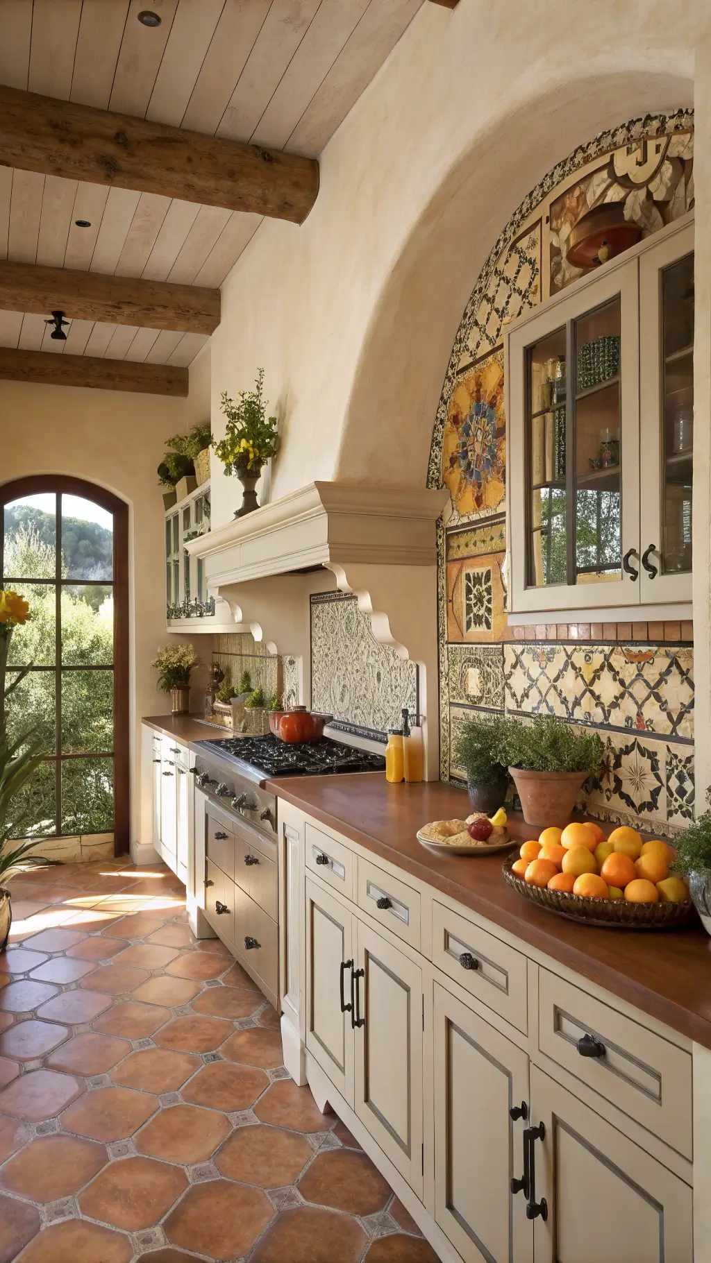 Mediterranean kitchen with hand-painted tile backsplash, arched ceiling, terracotta floor, cream cabinets, olive wood counters, and wrought iron details, accentuated by afternoon light creating a warm ambiance