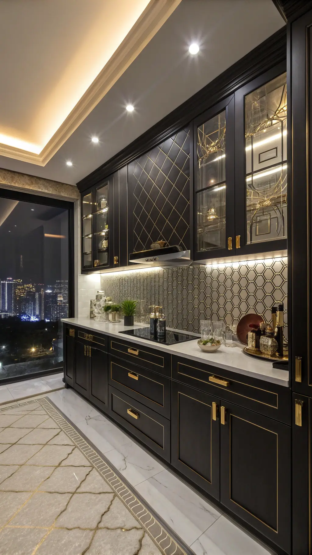 Dramatic Art Deco kitchen with black lacquered cabinets, gold hardware, metallic geometric backsplash, and smoked mirror accents under cove lighting, city lights in the background creating evening ambiance.