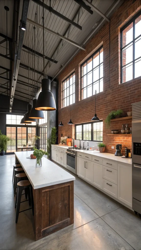 "Early morning light illuminating a modern-industrial kitchen with red brick backsplash, white quartz countertops, and a weathered oak island under matte black pendant lights."