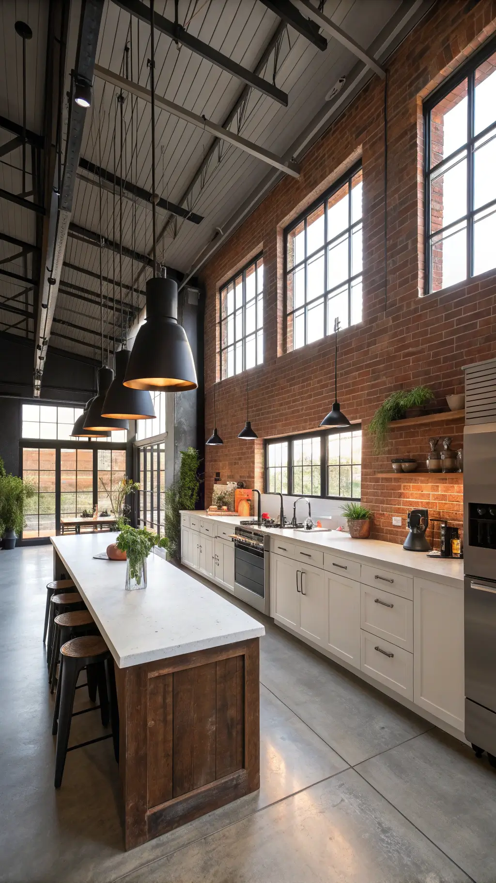Early morning light illuminating a modern-industrial kitchen with red brick backsplash, white quartz countertops, and a weathered oak island under matte black pendant lights.