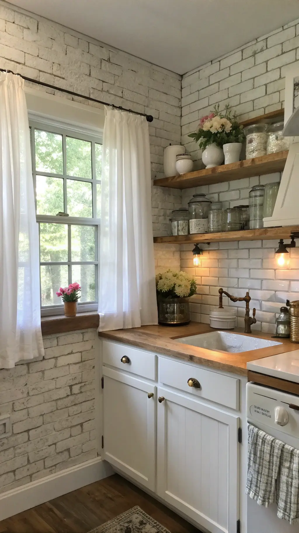 Cozy 10x12ft country kitchen corner with whitewashed brick backsplash, butcher block counters with vintage enamelware, open shelving with ironstone collection, and white shaker cabinets. Sunlight coming through white cotton cafe curtains.
