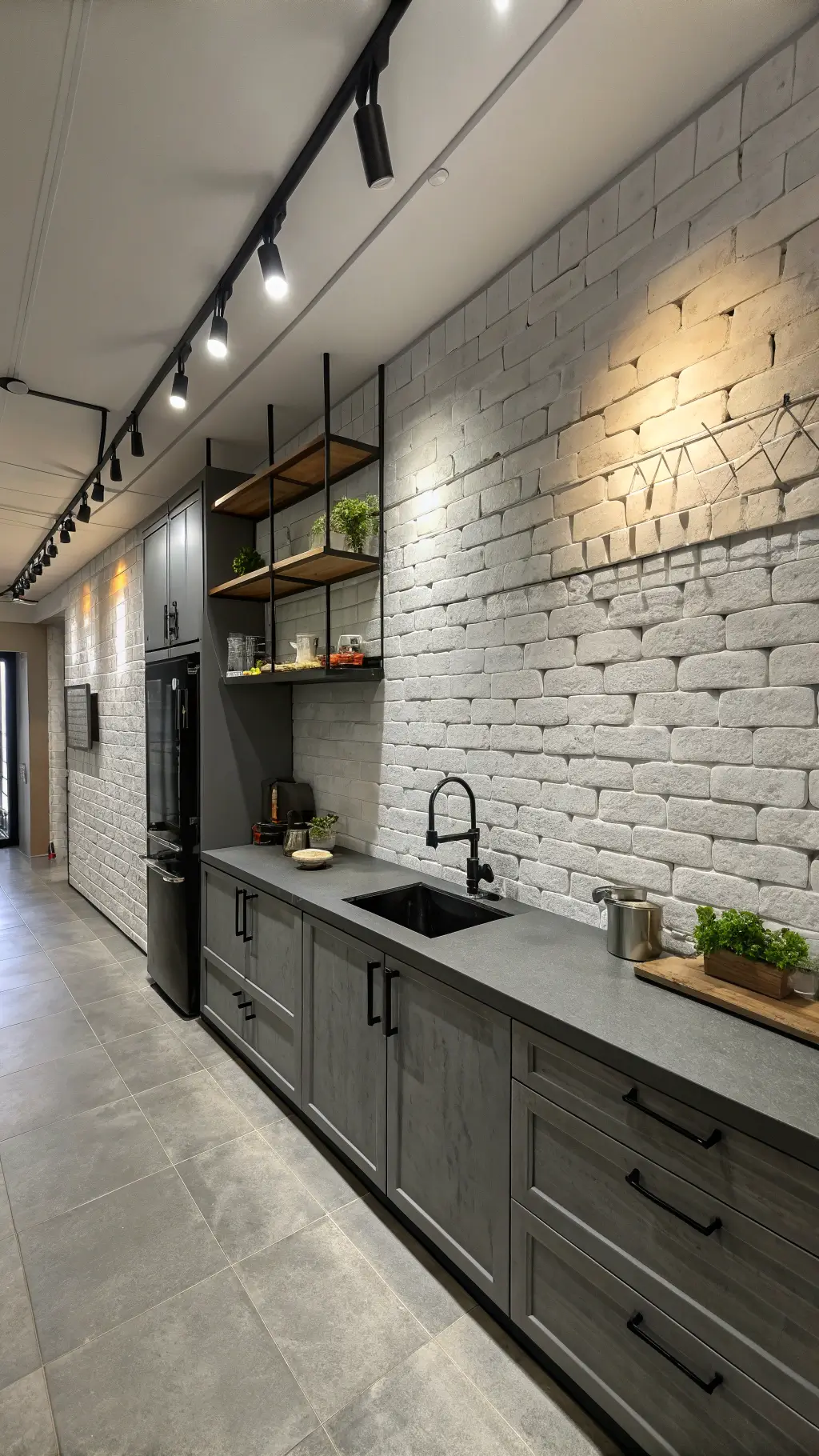 Monochrome galley kitchen with gray brick backsplash, black steel open shelving, and concrete countertops under dramatic overhead track lighting.
