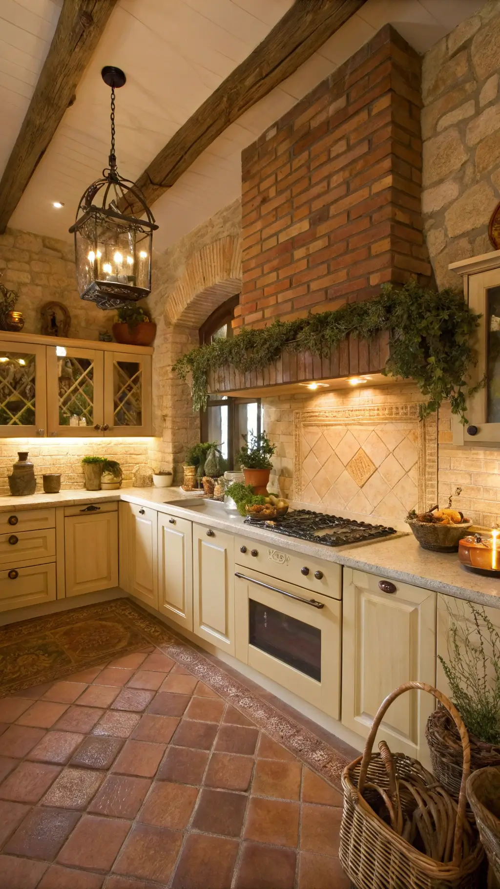 Mediterranean-themed L-shaped kitchen with terracotta brick backsplash, cream limestone counters, olive wood accessories, and copper accents, bathed in golden evening light
