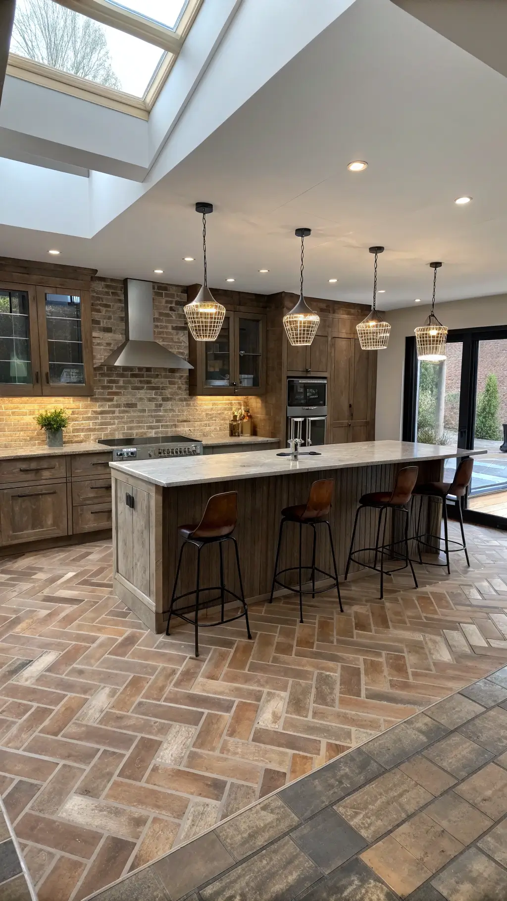 Modern rustic kitchen with herringbone-pattern brick tiles, marble waterfall island, mixed metal fixtures, leather bar stools, and geometric pendant lights under skylights.