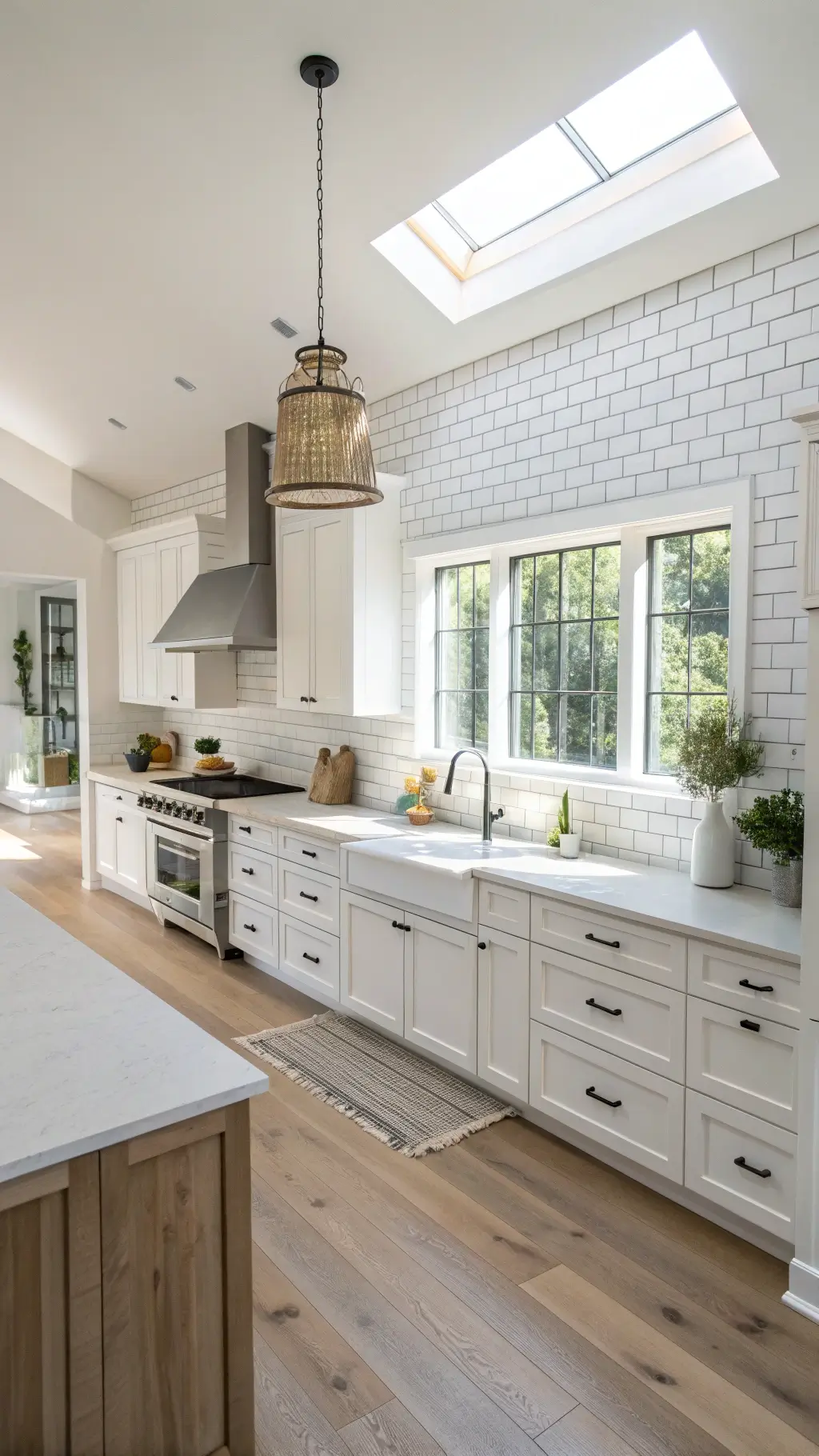 High-angle view of a minimalist Scandinavian kitchen featuring white cabinetry, concrete countertops, painted brick backsplash, birch accessories, and pale oak floors illuminated by morning light.