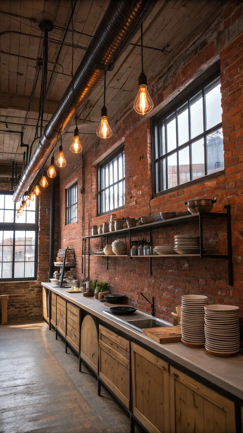 Low-angle view of a vintage industrial kitchen with exposed red brick walls, Edison bulb sconces, salvaged wood shelving, zinc countertops, cast iron cookware, and industrial steel windows.