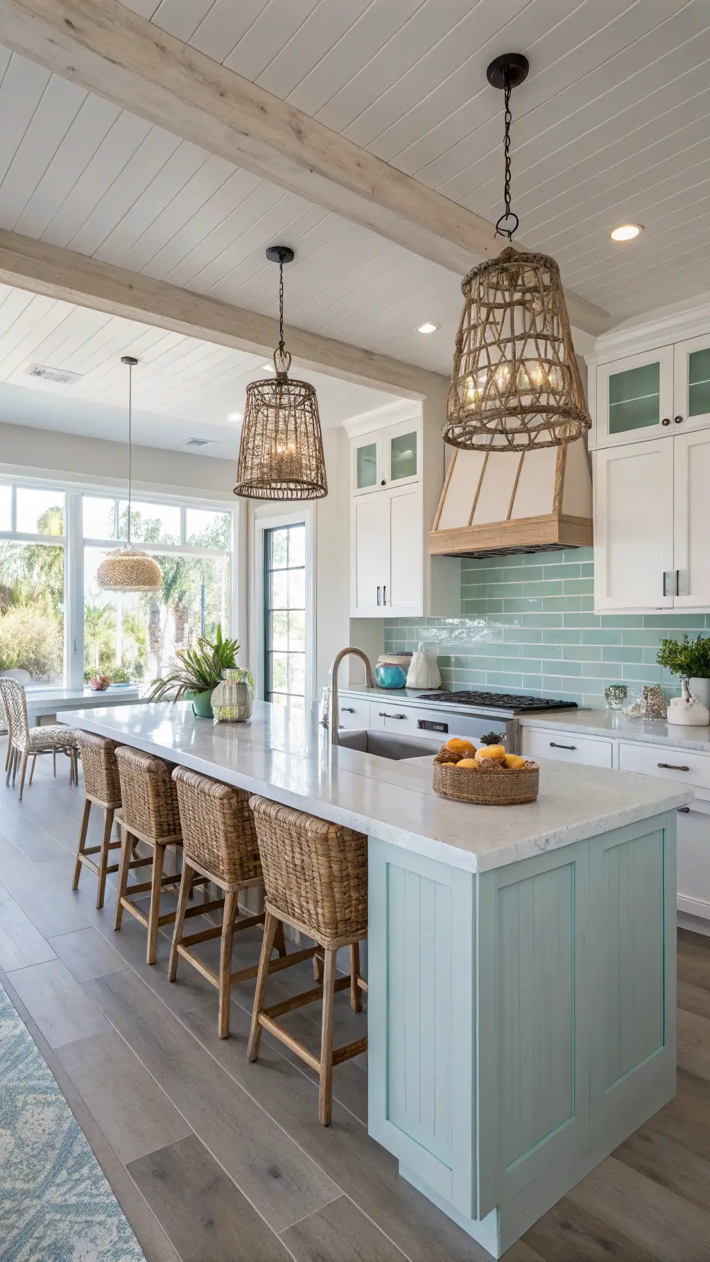 Open kitchen with glazed white brick backsplash, quartzite counters, and driftwood accents illuminated by late afternoon light