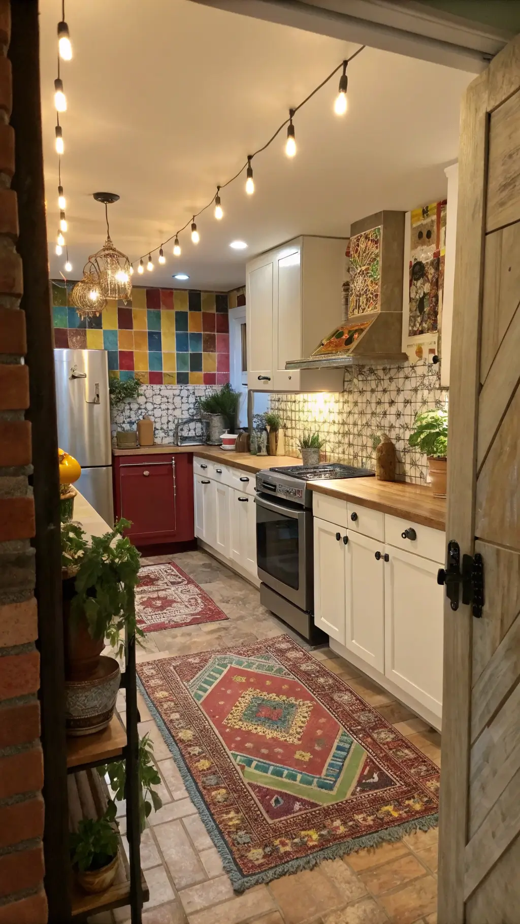 Bohemian eclectic styled kitchen with multi-colored painted brick backsplash, string lights, butcher block island adorned with global ceramics and plants, Moroccan tiles, vintage rugs and mixed metals, shot from the doorway with balanced exposure.