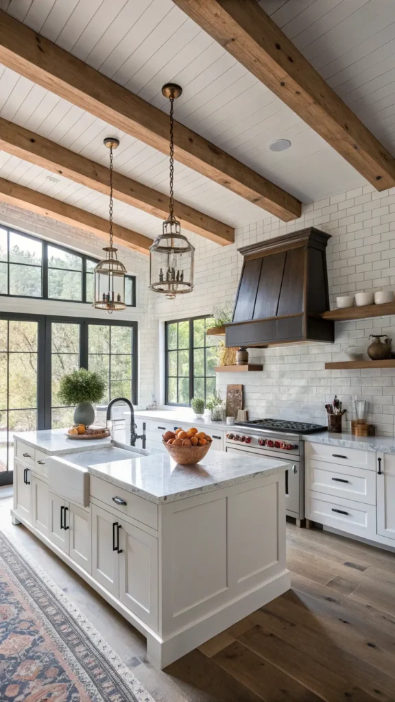 "Bright and airy modern farmhouse kitchen with white shaker cabinets, subway tile backsplash, Carrara marble countertops, exposed wooden beams, and vintage copper pots hanging from a ceiling rack, with morning light streaming through large windows."
