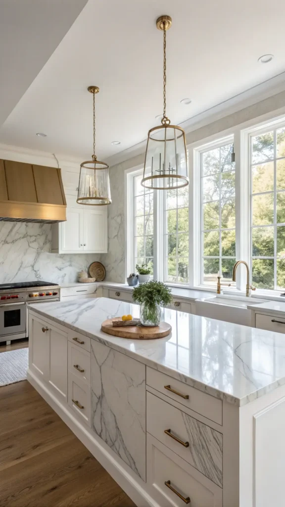 "Modern white kitchen with floor-to-ceiling windows, marble backsplash, brass pendant lights over quartz island, and vintage wooden cutting boards, lit by natural morning light."