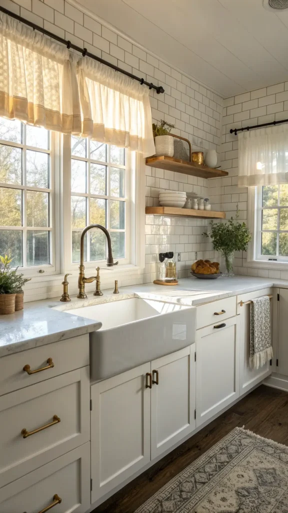 "Sunlit vintage farmhouse kitchen with white subway tile backsplash, Carrara marble countertops, white Shaker cabinets with matte black hardware, and artisanal ceramics on open shelving at golden hour."