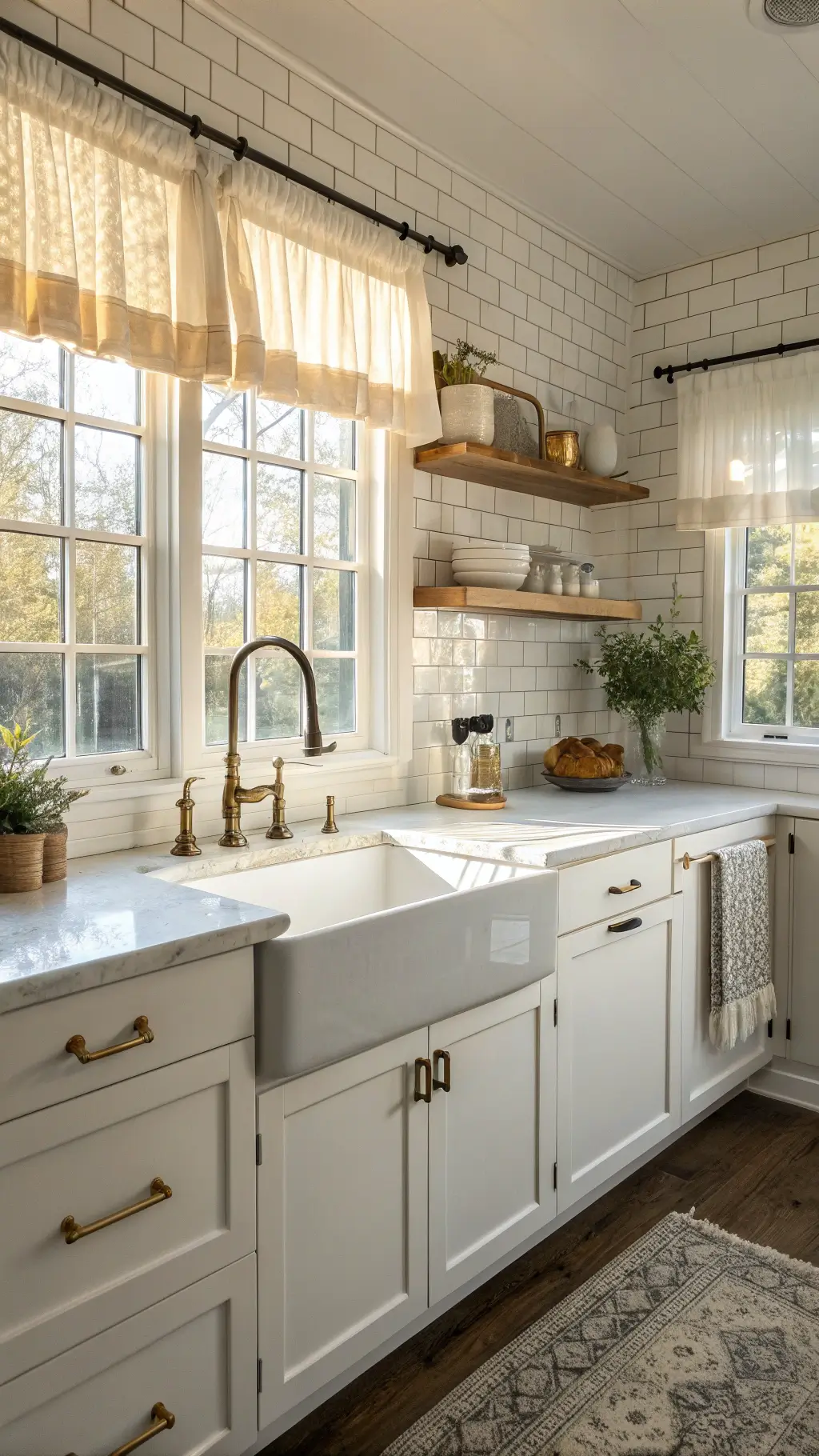 Sunlit vintage farmhouse kitchen with white subway tile backsplash, Carrara marble countertops, white Shaker cabinets with matte black hardware, and artisanal ceramics on open shelving at golden hour.