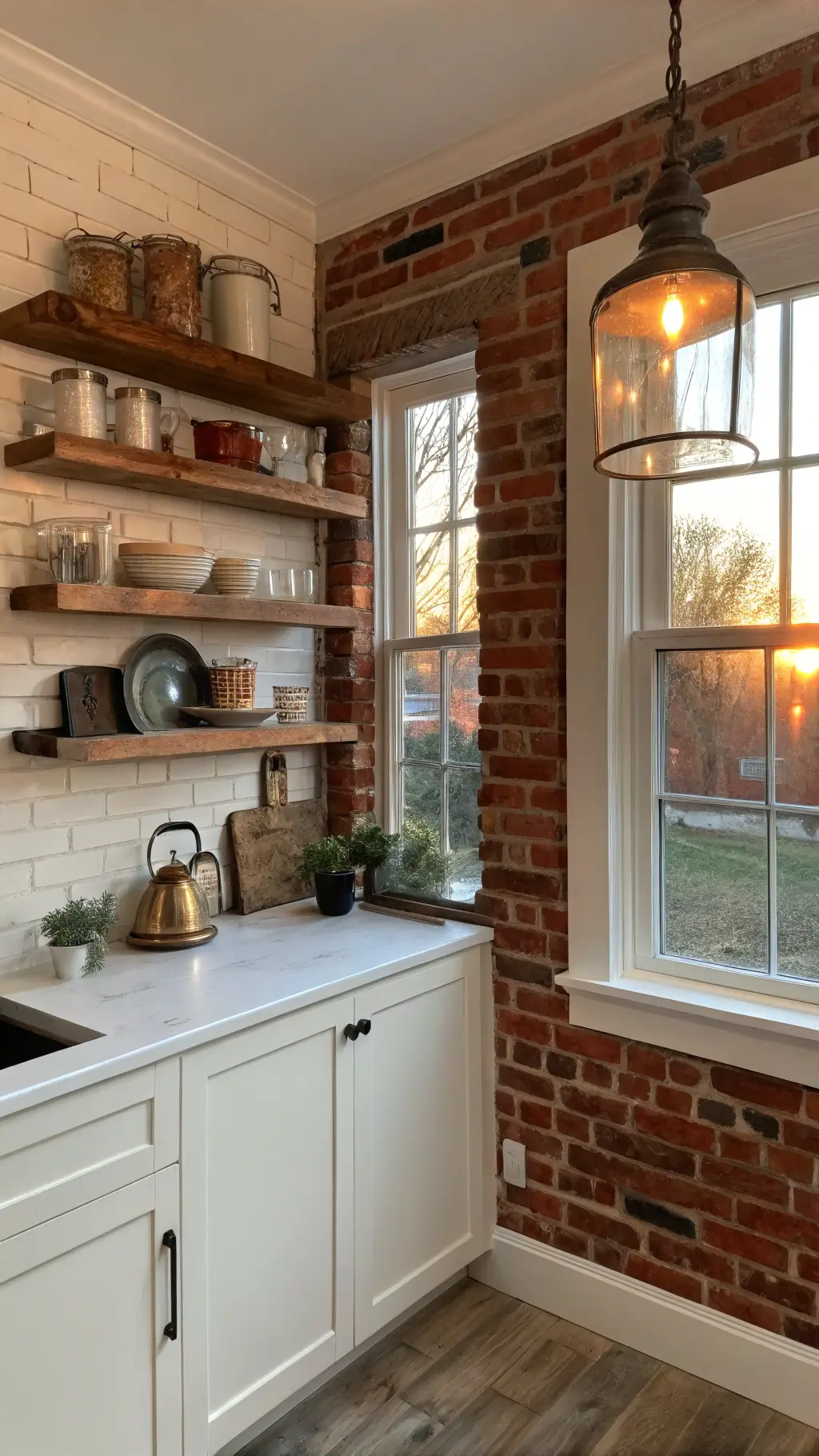 Morning light illuminating a cozy corner kitchen nook with exposed weathered red brick backsplash, distressed wooden shelf with vintage enamelware, and contrasting white open shelving, under a copper pendant light.