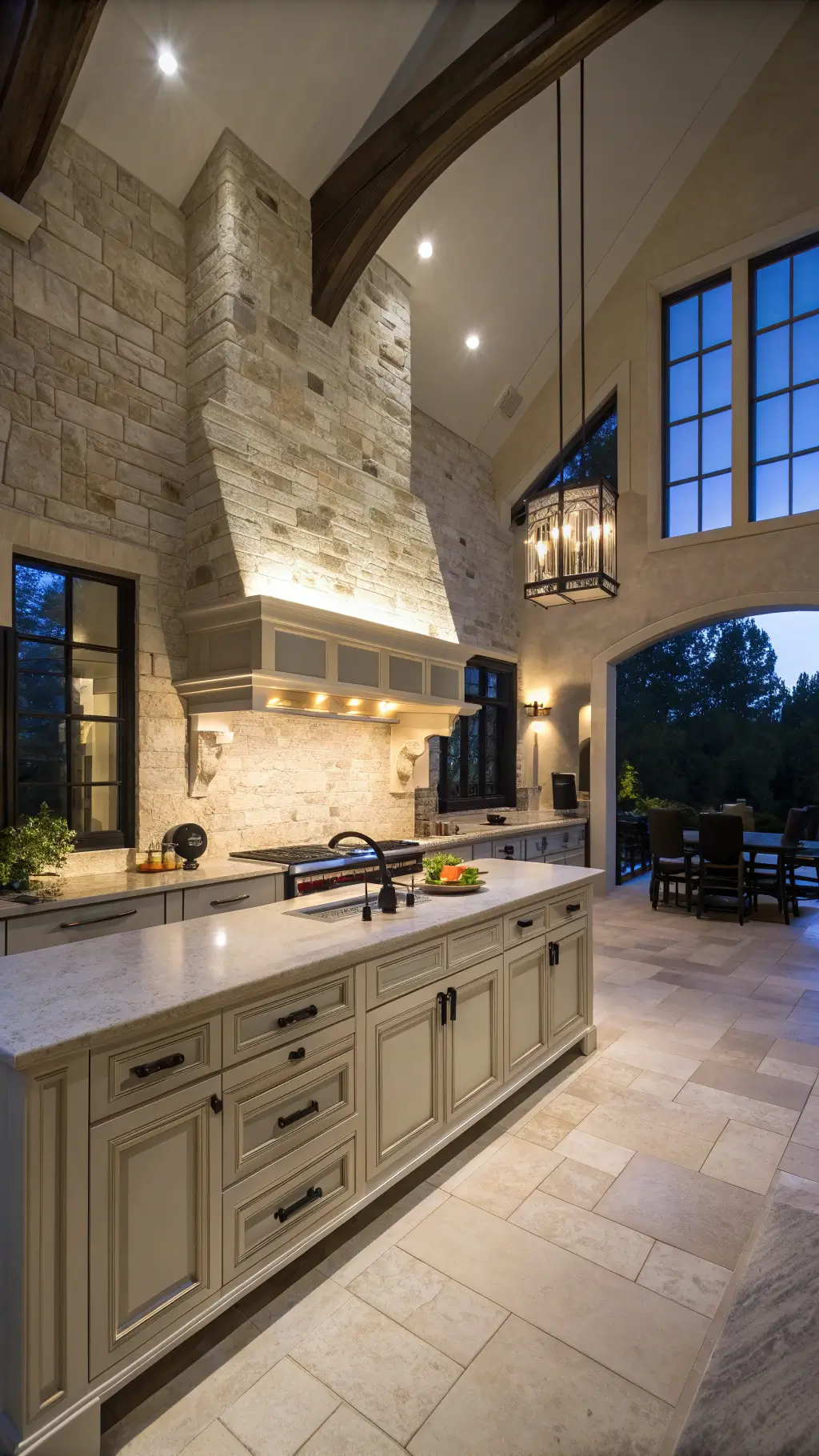 Modern farmhouse kitchen with limestone backsplash, marble countertops, and matte black range hood under mixed cool and warm lighting