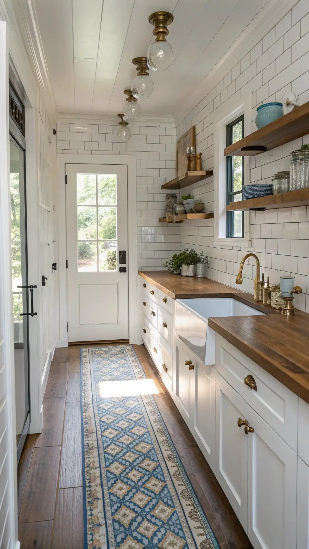 Intimate galley kitchen with floor-to-ceiling beadboard backsplash, brass sconces, floating wooden shelves with pottery, vintage blue runner, butcher block counters and a Dutch door letting in dappled light, shot with 35mm lens.
