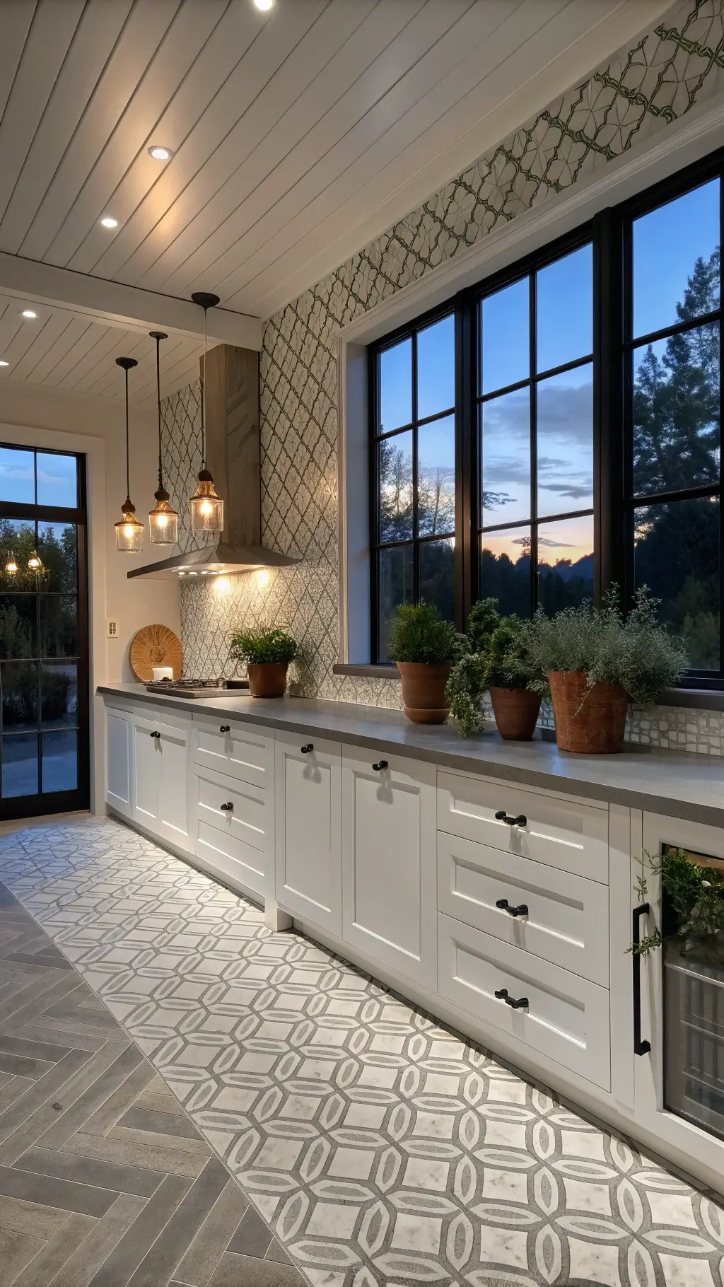 Modern farmhouse kitchen with ceramic tile backsplash, black steel-framed windows, white cabinets, and pendant lights casting geometric shadows on the tile, with fresh herbs in terracotta pots against evening lighting.