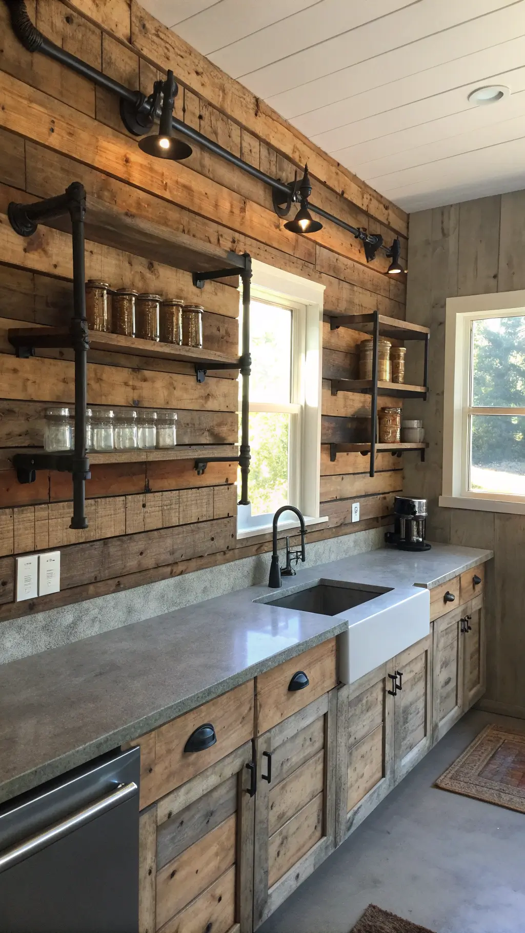 Sunlit rustic-modern kitchen with reclaimed wood backsplash, black pipe shelving with mason jars, and concrete countertops