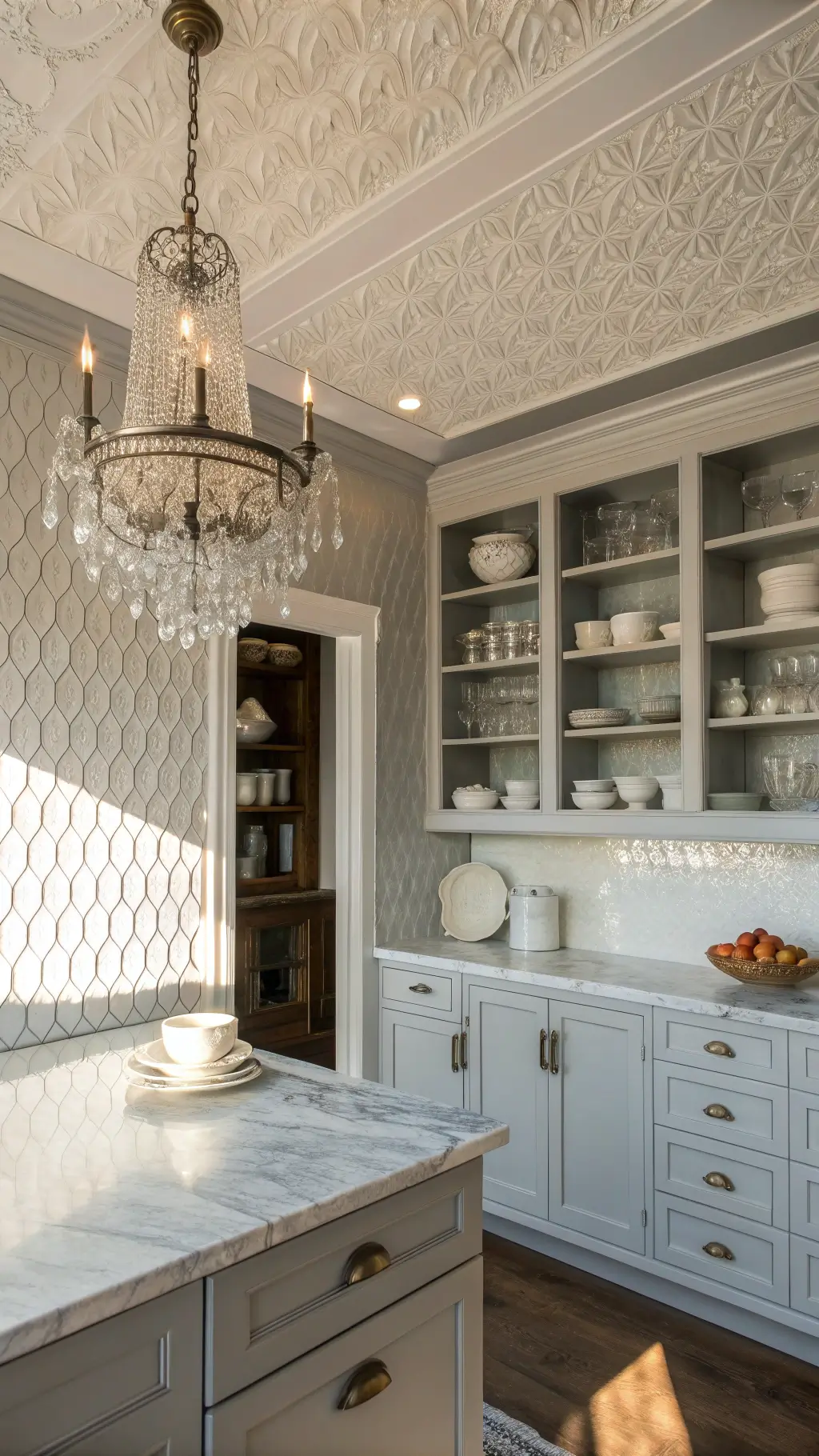 Low angle view of an airy corner kitchen with white pressed tin backsplash, open shelving with a white pottery collection, and a marble island, beautifully lit by diffused afternoon light through a crystal chandelier.