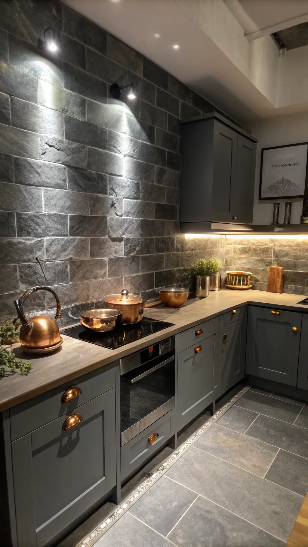 Compact chef's kitchen with slate tile backsplash, under-cabinet lighting, copper cookware, and butcher block island during a dramatic nighttime lighting setup.