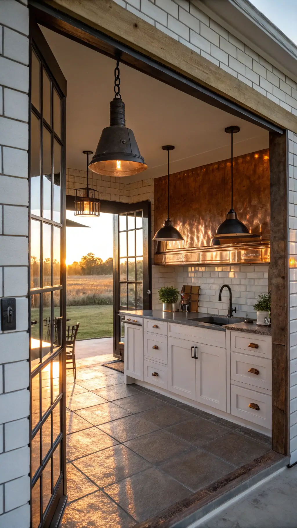 Sunrise in a large farmhouse kitchen with a mixed material backsplash of subway tile and aged copper panels, highlighted by golden hour lighting and black industrial pendant lights.