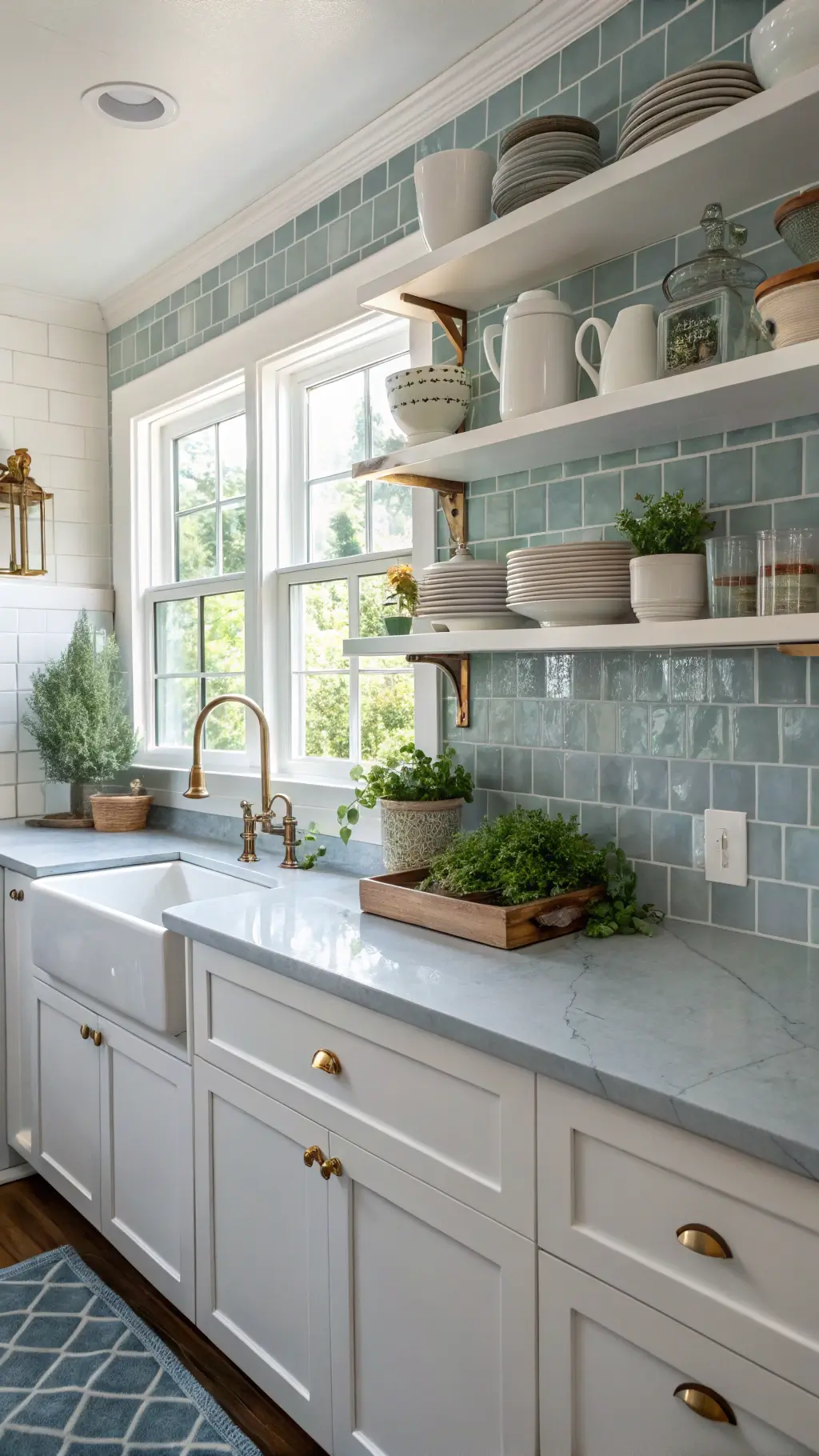 Charming cottage kitchen with blue-gray ceramic tile backsplash, white open shelves housing vintage milk glassware, and a window herb garden, bathed in natural midday light