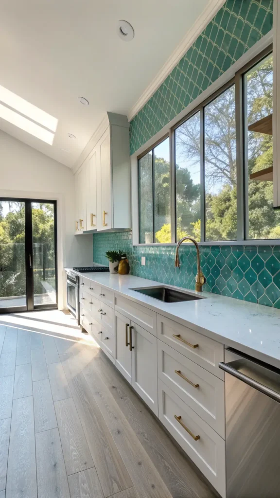 "Modern kitchen with prismatic light patterns on white quartz countertops, iridescent aqua glass tile backsplash, and white oak flooring, shot during golden hour with shallow depth of field."