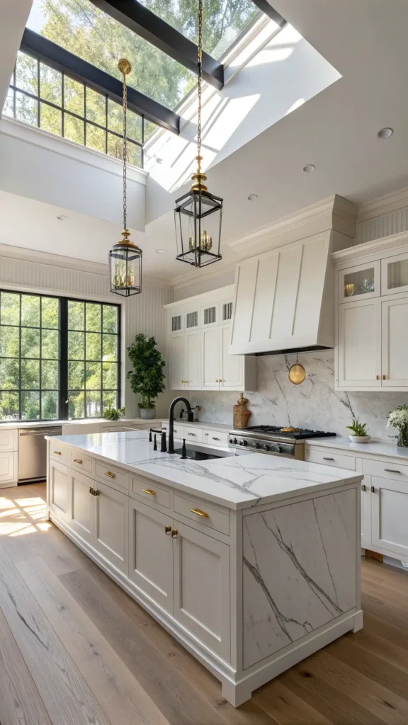 "Sunny modern kitchen with high ceilings, floor-to-ceiling marble slab backsplash, black fixtures, brass hardware on white cabinets, marble-top island with ceramics and herbs, and white oak floors"