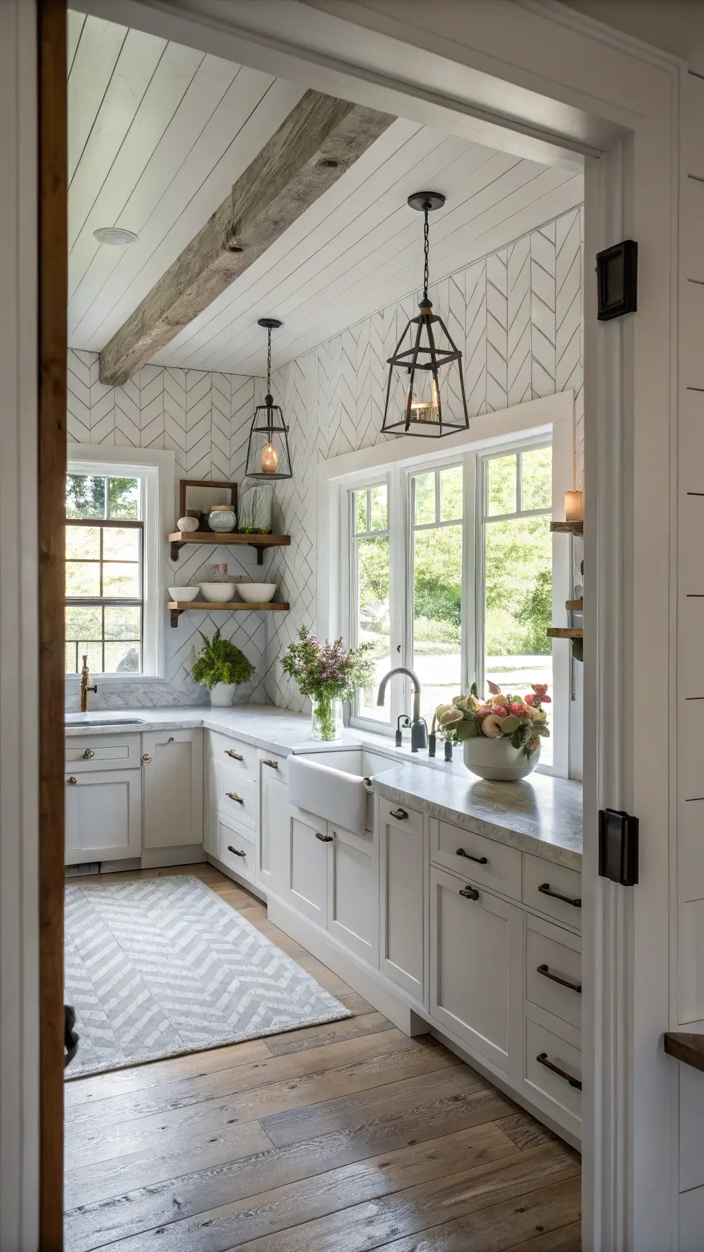 Bright morning light streaming into a spacious 15x17ft modern farmhouse kitchen with honed Carrara marble chevron backsplash, reclaimed barn beam floating shelves, vintage pendants, and shiplap ceiling. Fresh flowers placed in a pottery vase add a touch of rustic elegance to the scene.