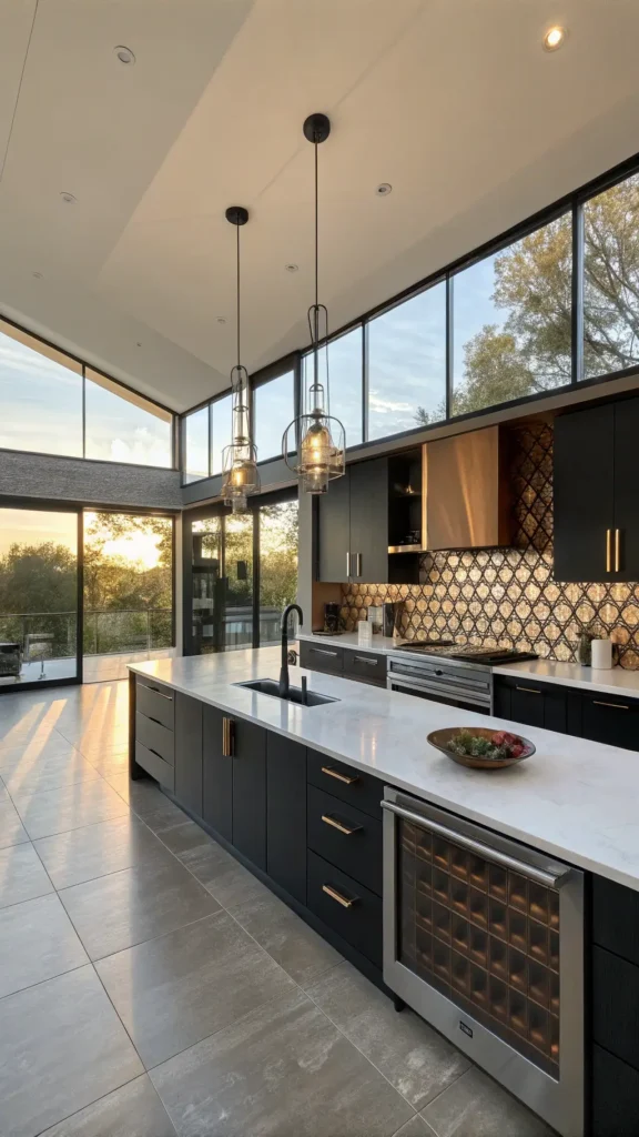 "Sunlit modern kitchen studio with metallic copper and matte black geometric mosaic backsplash, white quartz countertops, matte black cabinets, stainless steel appliances, minimalist pendant lights, and floating walnut shelves with ceramics. Picture taken during morning golden hour with natural lighting."