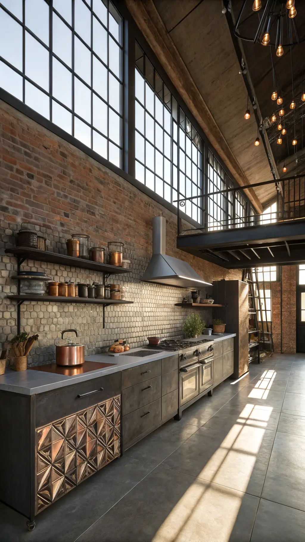 Industrial loft kitchen with high ceilings, exposed brick walls, metallic mosaic tiles...