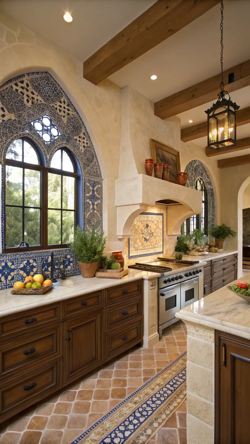 Mediterranean style kitchen with spacious dimensions, arched doorways, blue and terracotta mosaic backsplash...