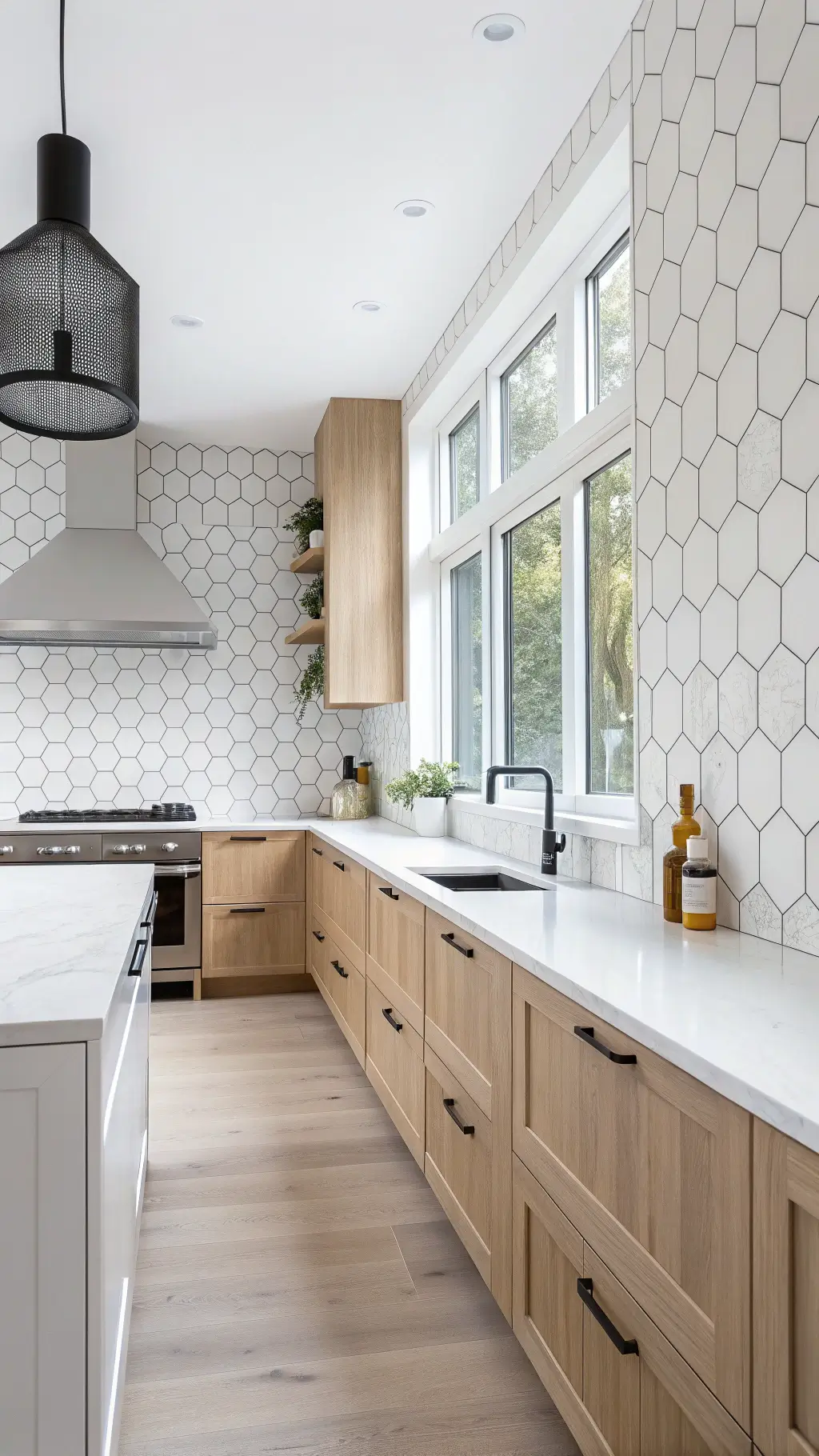 Scandinavian minimalist kitchen with white mosaic backsplash, pale oak cabinets...