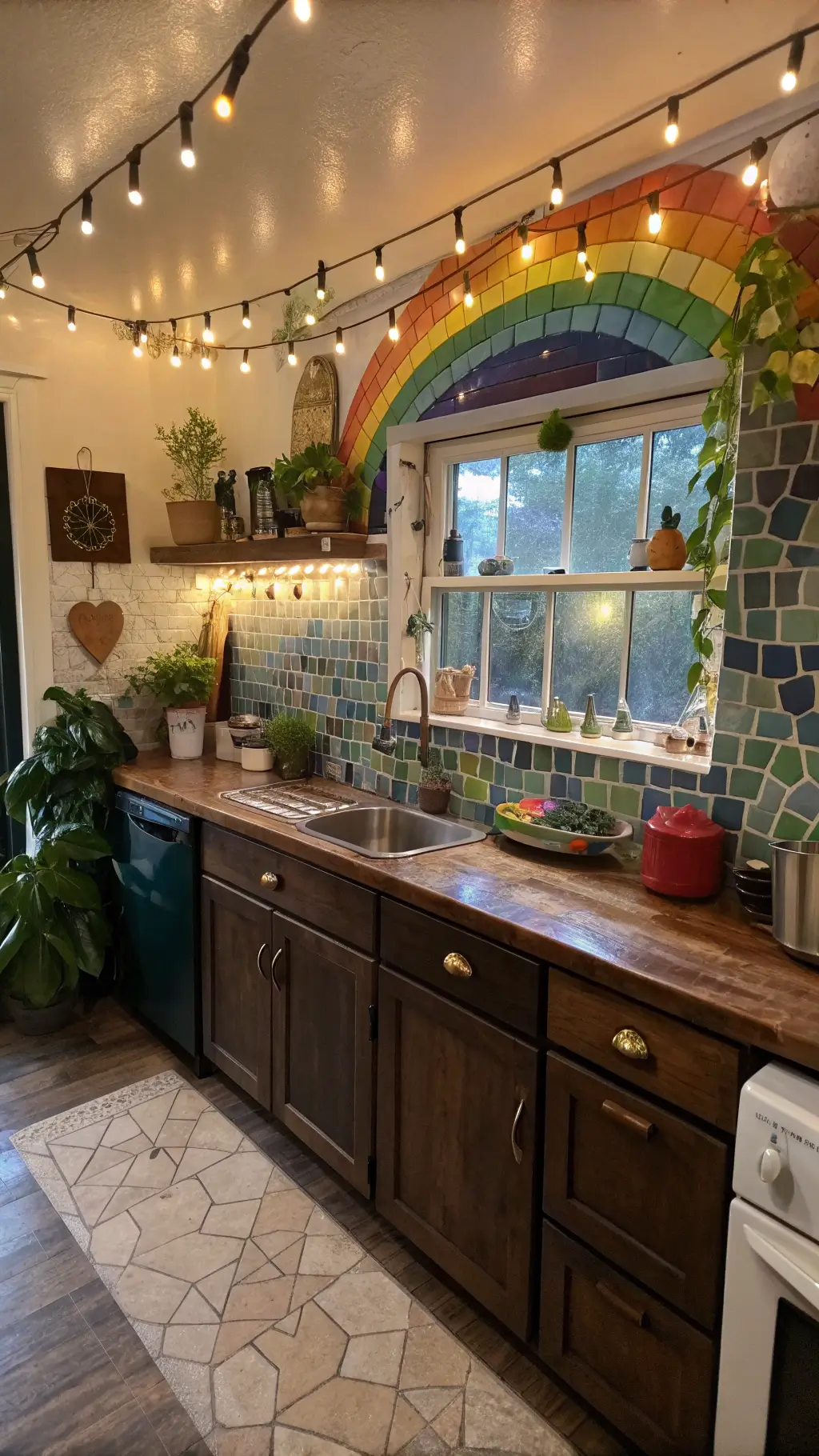 Cozy Bohemian artist's kitchen with handmade rainbow mosaic backsplash...