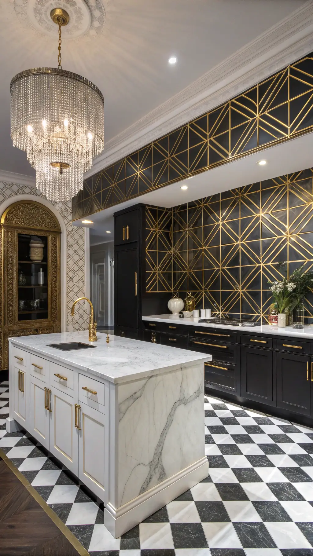 Art Deco style kitchen with black and gold mosaic pattern, crystal chandelier...