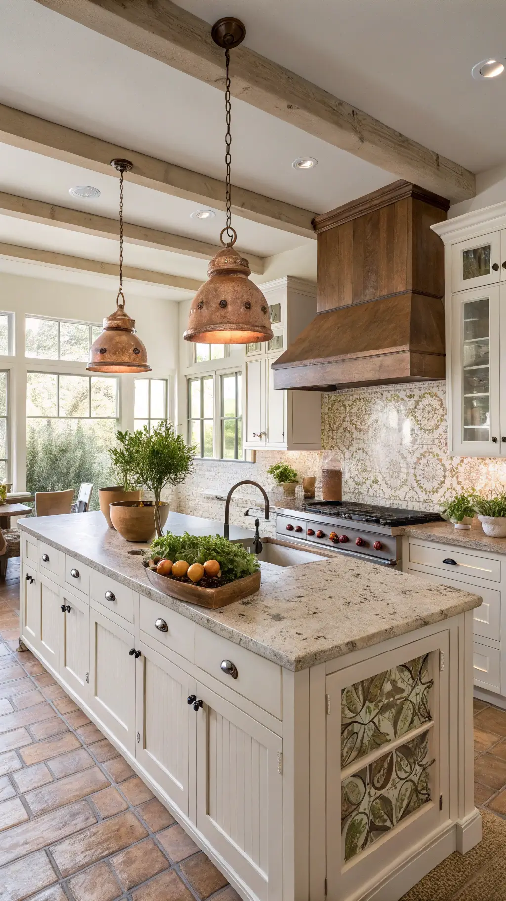 Modern Farmhouse Kitchen with ceramic mosaic, reclaimed wood island...
