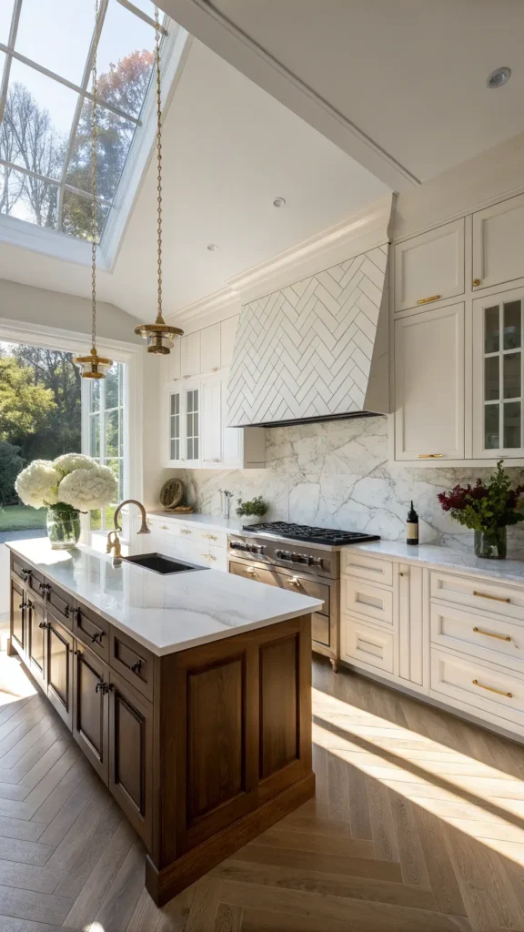 "Sun-drenched modern kitchen with high ceilings, white marble herringbone backsplash, floor-to-ceiling windows, brass fixtures, matte black hardware, white quartz countertops, rich walnut cabinets and center island with fresh hydrangeas"