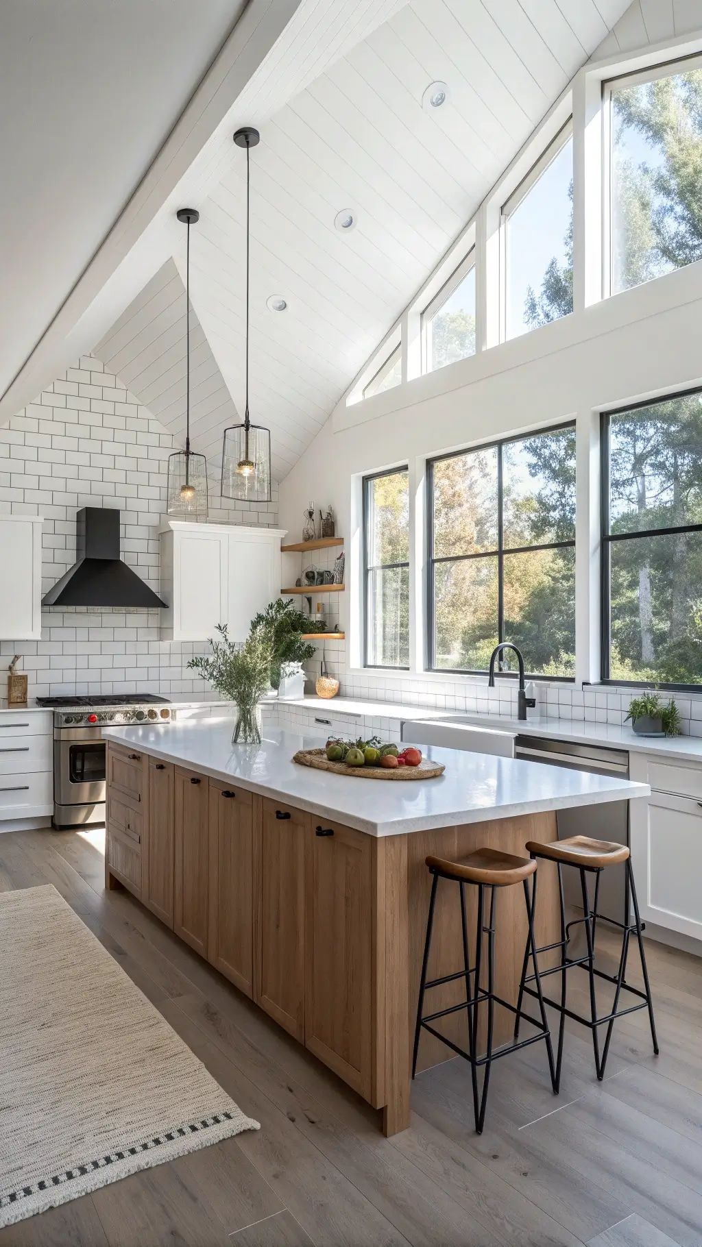 Modern minimalist kitchen with vaulted ceiling, floor-to-ceiling windows, white subway tile backsplash, professional-grade stainless appliances, white oak waterfall island with black hardware, styled with ceramics and fresh herbs