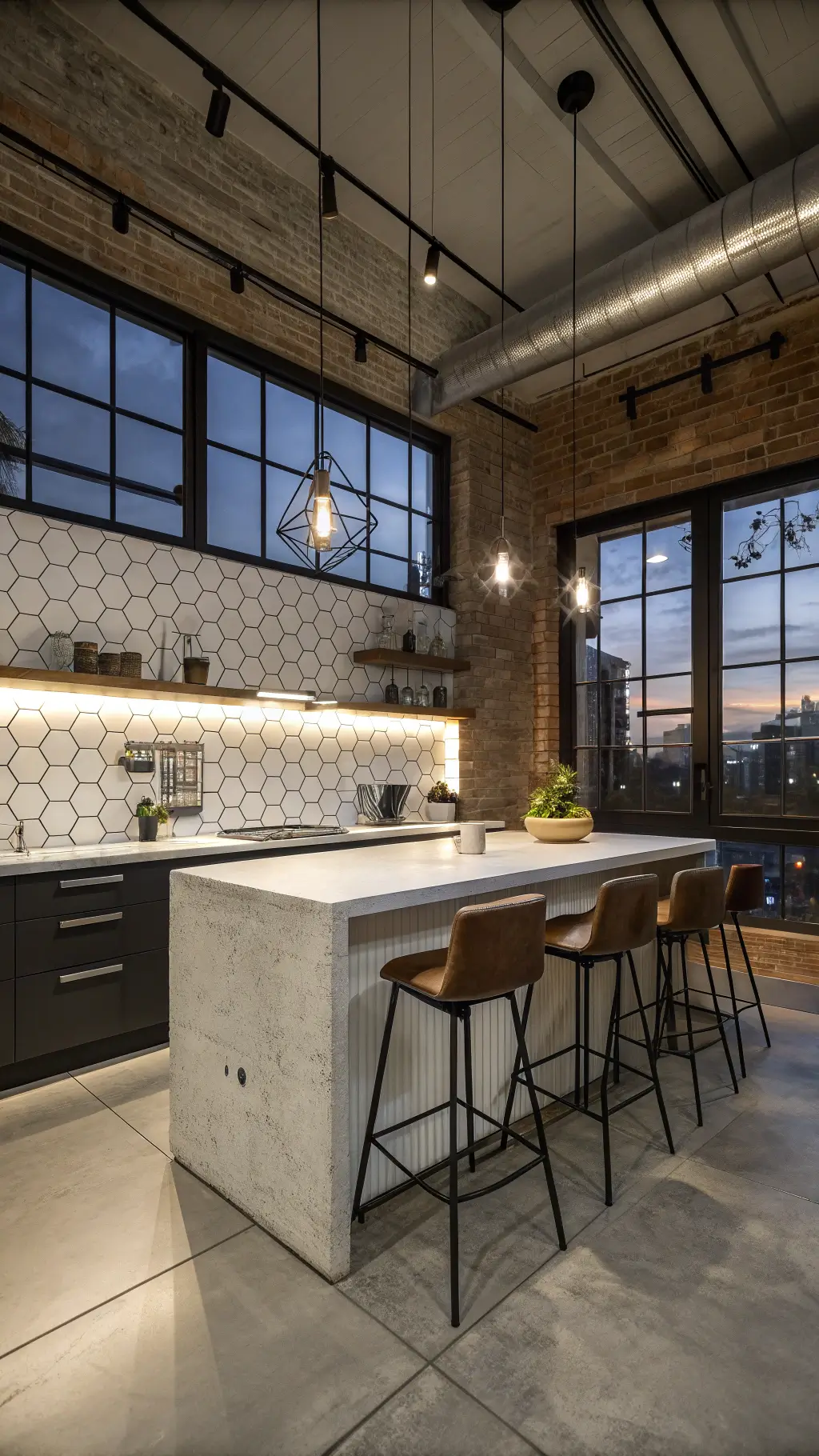 Modern industrial double-height loft kitchen with exposed brick walls, black steel-framed windows, white hexagon tile backsplash illuminated by pendant lights, concrete island with leather barstools, styled with minimalist black ceramics and metallic accents in a low-angle shot